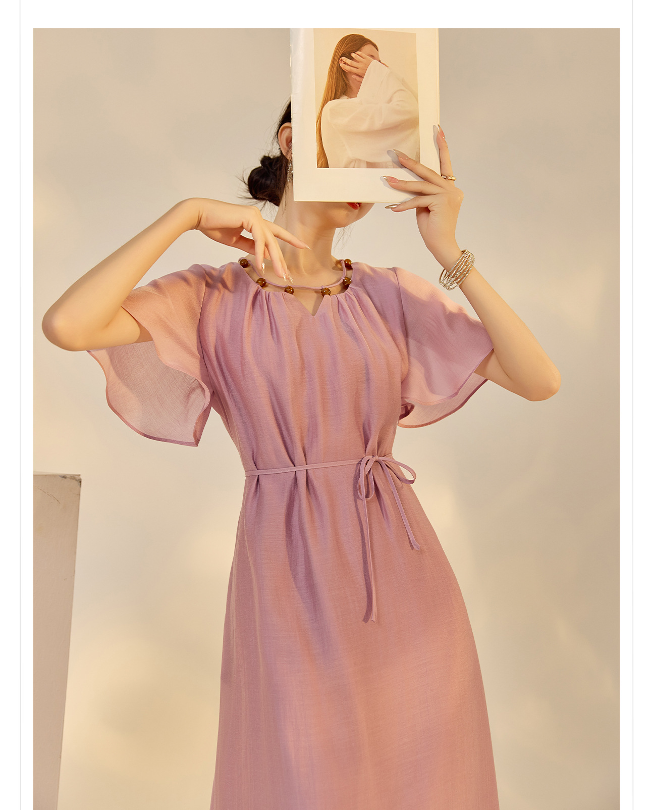 Đầm maxi nữ thắt eo tay lá sen chất Tencel phong cách dân tộc — Taro màu tím chi tiết 13