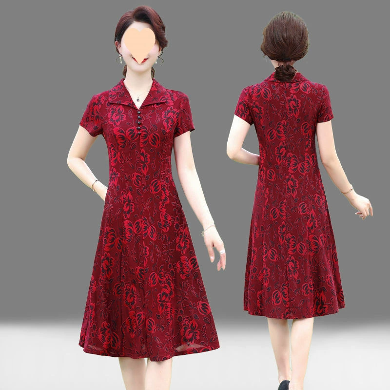 2025 новое летнее платье с большим отверстием на лацкане, высококачественная модная утягивающая юбка выше колена для мамы с короткими рукавами