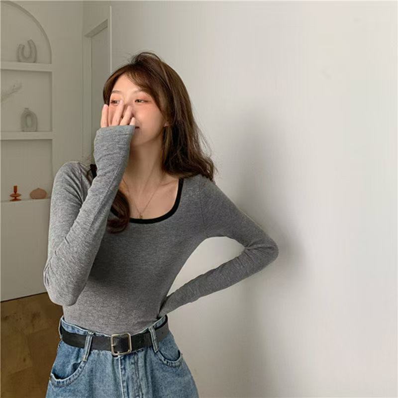 黑色新款低领打底衫长袖t恤女春装秋冬内搭修身显瘦露锁骨上衣|undefined