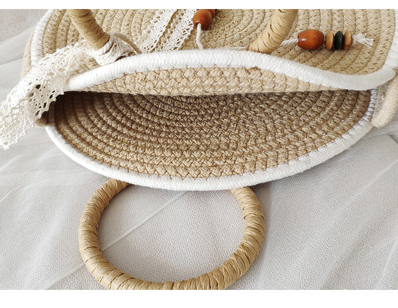 1350g Weight Weave Fashion Element Open Closure Type Top Handle Strap Type Straw Bag Bags Type Holiday, Daily Occasion Cotton Material Solid Color Pattern All Seasons Season Women's Gender Vacation, Beach Style Round Shape Medium Size Women's Medium Cotton Solid Color Vacation Beach Weave Round Open Straw Bag