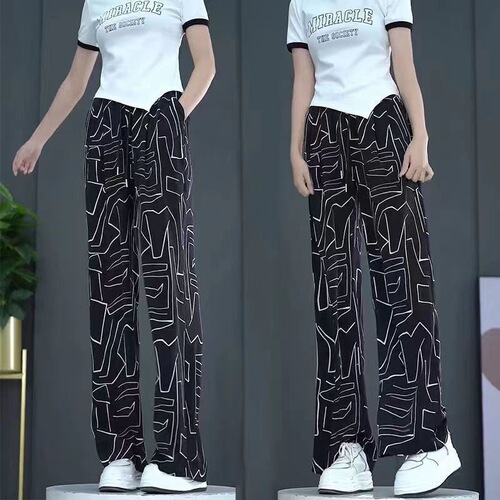 Mid-to-Old Age Mother Straight Leg Straight Leg Pants Quick-Drying Ice Silk Summer Thin Version Loose Chiffon Casual Fat Person Flowery Pants