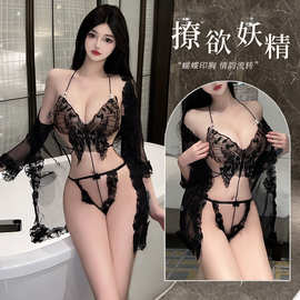 林林婷情趣内衣女性感蝴蝶上衣透视绑带连体三点式外罩衫套装8214