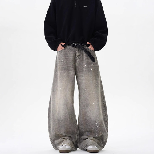 Spring and Autumn Retro Washed Distressed Gray Ink Splatter Bended Knife Jeans for Men and Women Trend Brand American Street Loose Pants