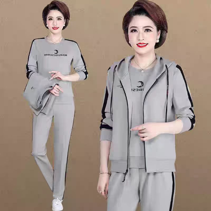 2026 Autumn and Winter Mom Outfit Set for Middle-Aged and Elderly Women, Plus-Size Sports Suit, Small-Sized Sweatshirt, Vest, Three-Piece Set