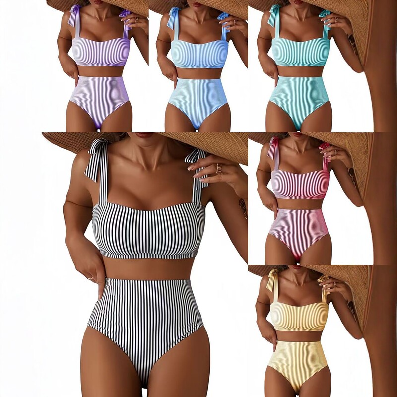 2026 New European and American Cross-Border Women's Lace-Up Two-Piece Bikini Set Striped High-Waisted Swimsuit Two-Piece Set for Women