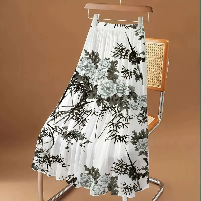 2025 новая шифоновая плиссированная юбка плюс размер для похудения, чернильный цвет, юбка средней длины, праздничный стиль, скрывающая живот