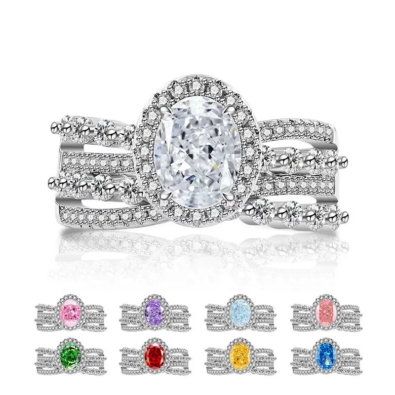 欧美跨境热销彩宝冰花切女皇戒指奢华爆闪高碳钻皇冠指环直播代发