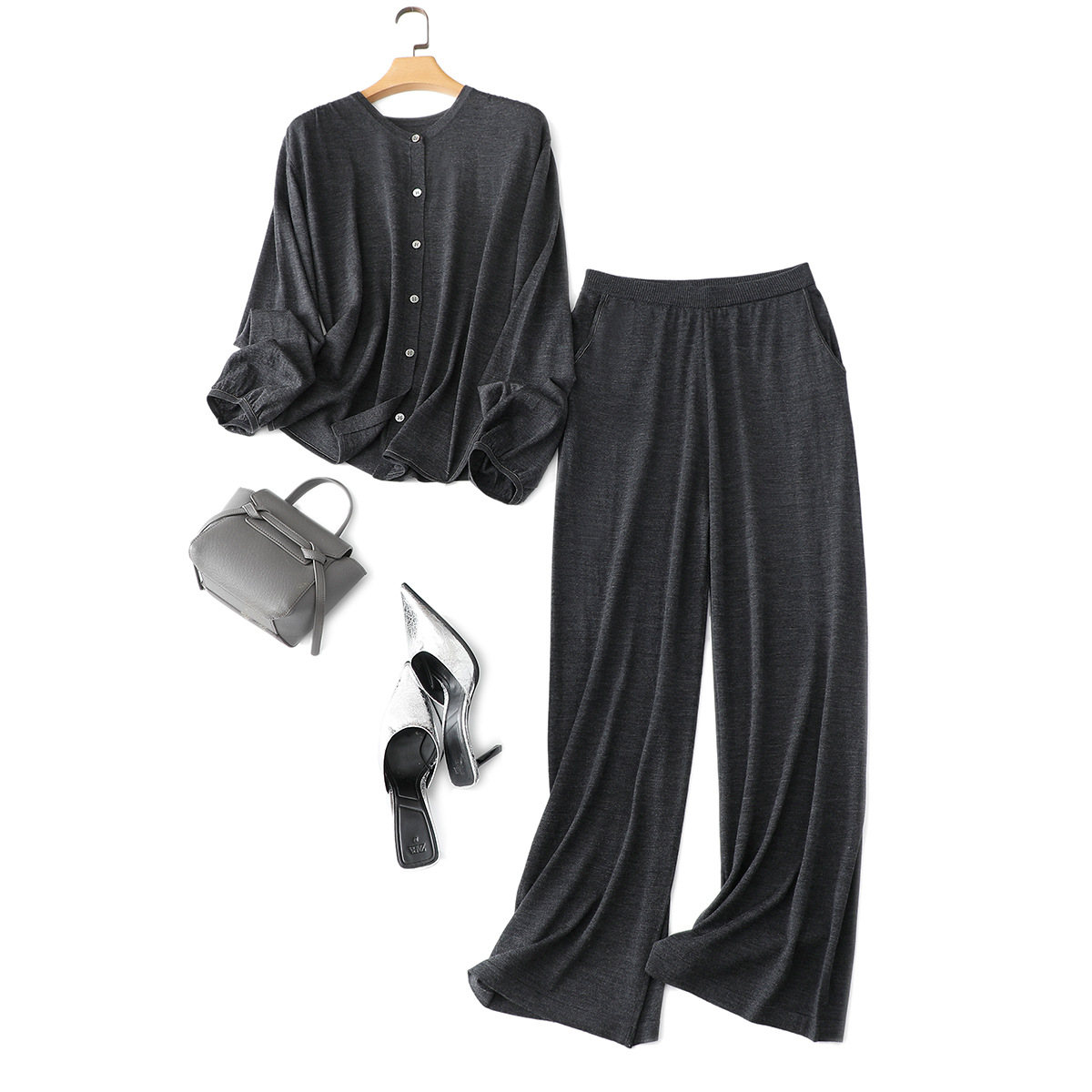 Pinrong 25 Spring Bc New Casual Suit Women's Cardigan Round Neck Worsted Silk Wool Thin Knitted Wide Leg Pants