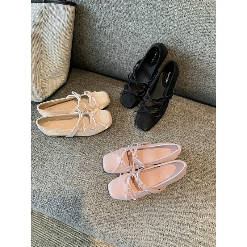 Grape Mom Studiolee Height Increase 4cm~ Bowknot Square Toe Versatile Shallow Mary Jane Shoes for Women Spring/Summer