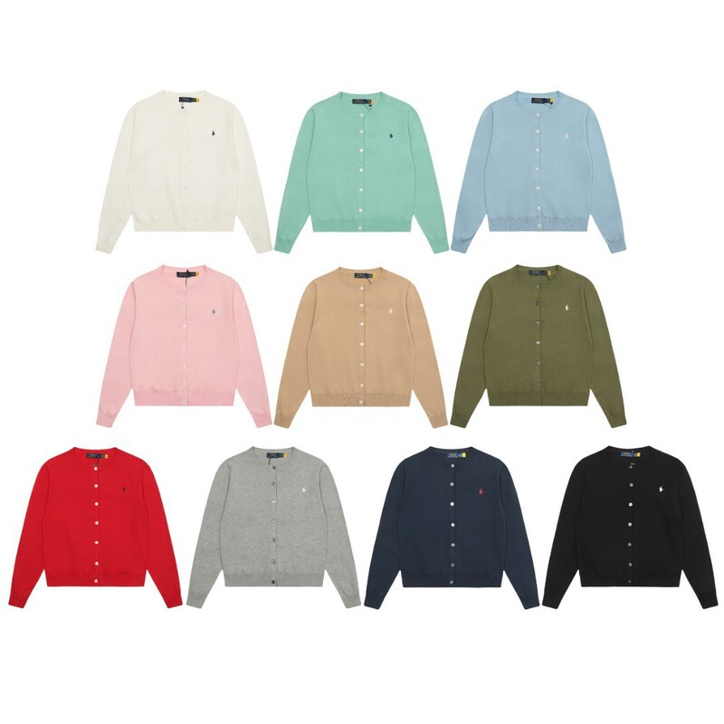 High-End Rl Raff Knit Sweater, Solid Color, Round Neck, Horse Logo Embroidery, Cable Knit, Long-Sleeved, Spring and Autumn Women's Cardigan Jacket