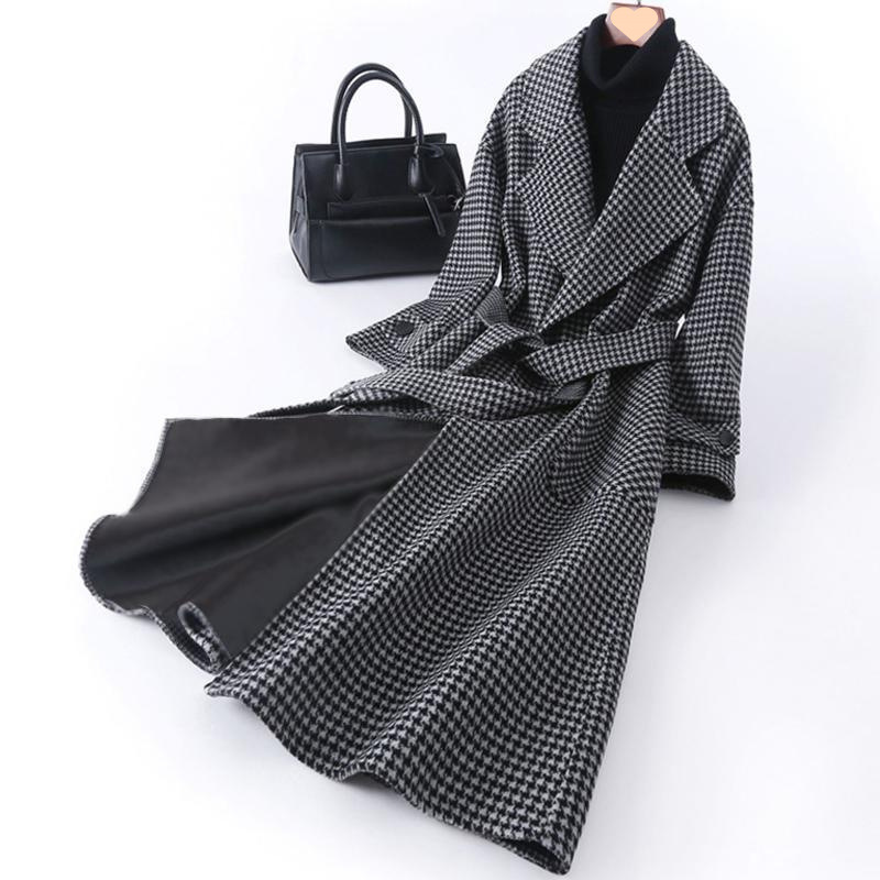 Large size women's houndstooth wool coat 200 pounds fat girl loose slim mid-length thickened wool coat