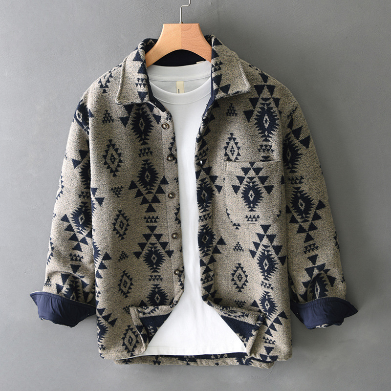 T738 men's autumn new vintage jacquard wool long sleeve casual shirt