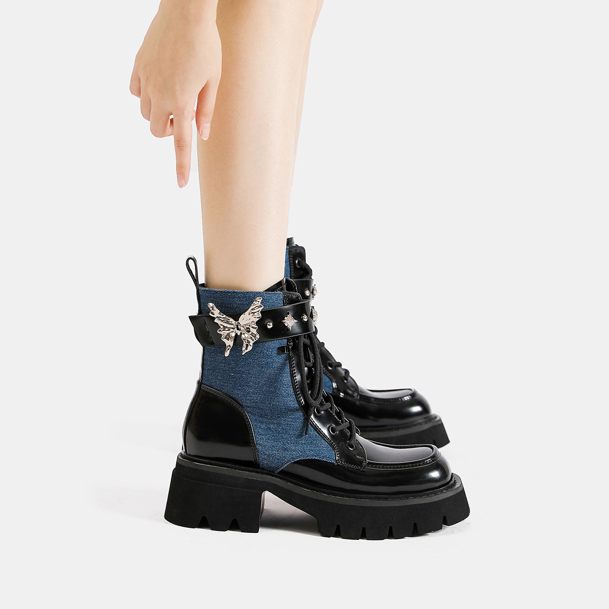 2024 Ősz/Tél Új Liquid Butterfly Martin Talpú Könnyű Knight Rövidnadrág Női Vastag Sarkú Farmer Bőr Csizma_voghion.com