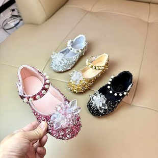 Children's Crystal Shoes 2024 New Spring and Autumn Girls' Shoes Stylishy Soft Sole Baby Leather Shoes Female Princess Aisha Shoes