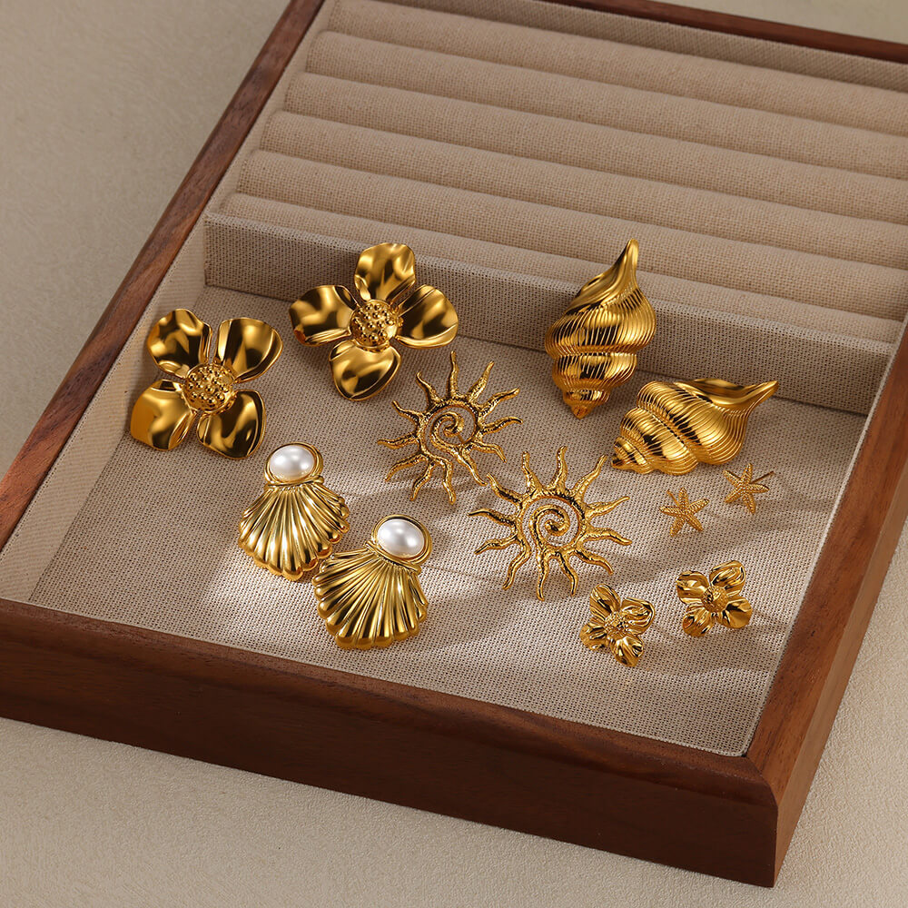 All Seasons Season PVD Coated Real Gold Plated Starfish Conch Shell 304 Stainless Steel Vintage Style French Style Waterproof Non Tarnish Ear Studs
