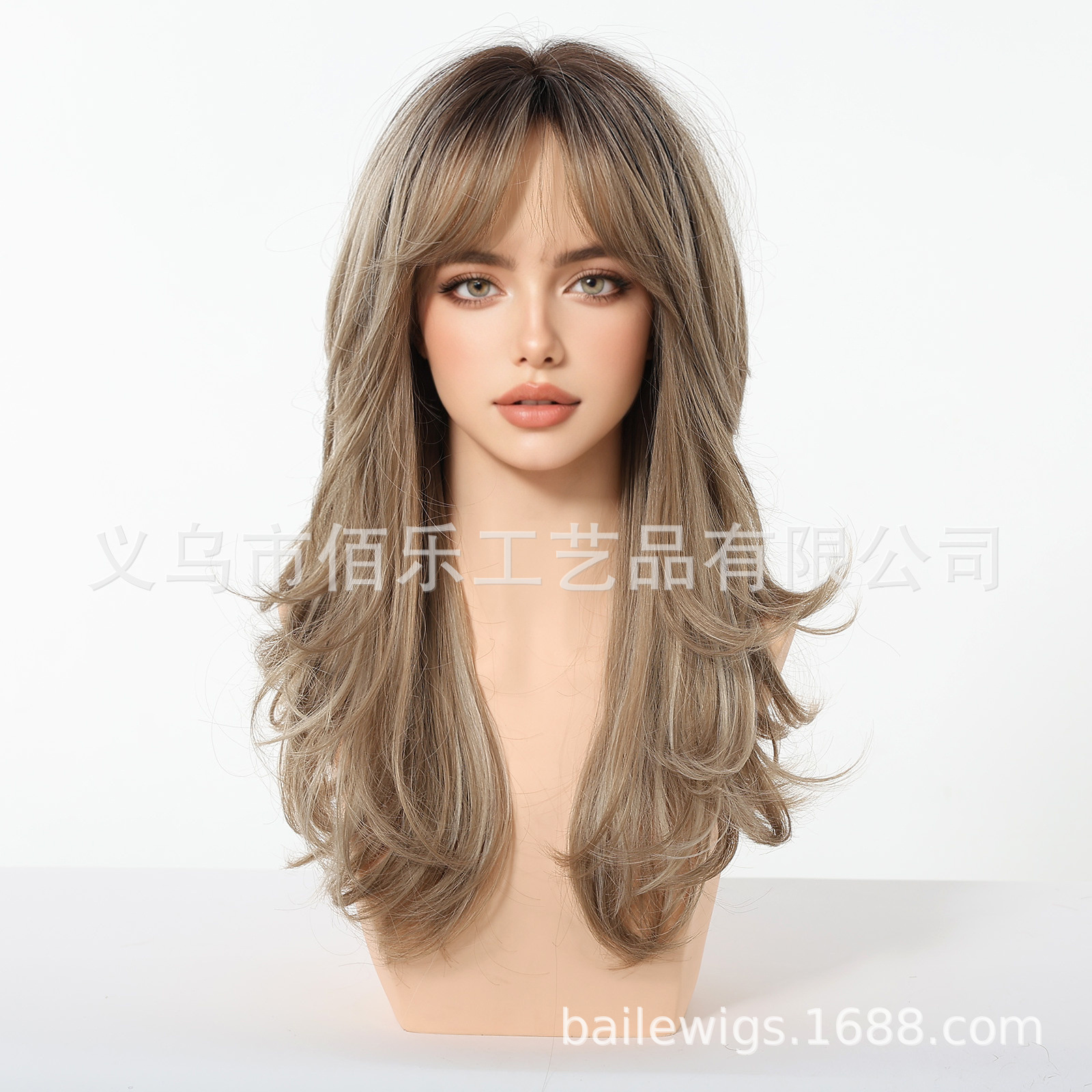 Peruca de mujer cubierta de cabeza marrón Qi Liuhai cabello largo rizado fibra química cabello de mujer al por mayor al por mayor punto transfronterizo Xu Chang pelucas