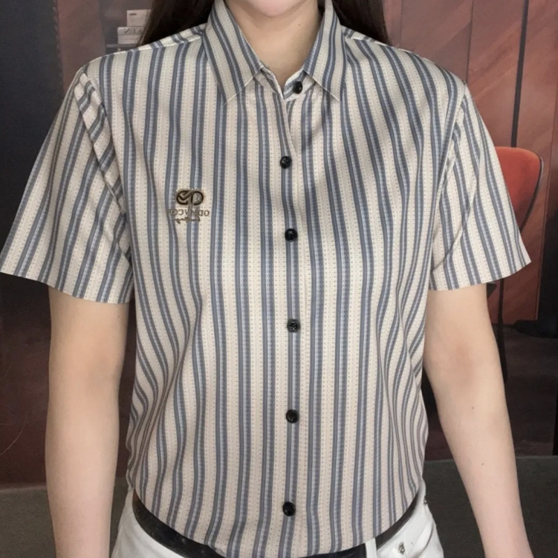 [Quality Men's Clothing] Men's Summer Top Fading Striped Short-sleeved Fashionable Shirt Slim-fit Casual Shirt All-match