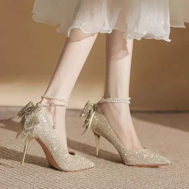 Обувь, обувь на каблуке, пряжка, ногтевая Sequins с бантом для невесты, цвет шампань, новая коллекция, облегчение от судорог