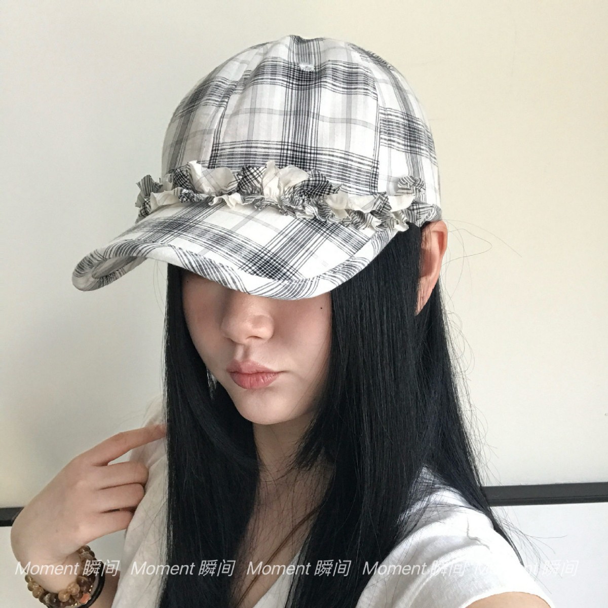 2026新款春夏季小众褶皱花边棒球帽透气薄款复古格纹肌理感俏皮可