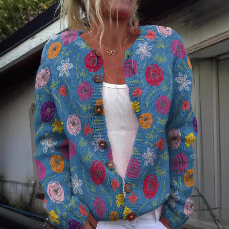 2025 Foreign Trade Amazon New 3D Digital Printed Cardigan Thick Needle Spicy Strip Jacket Women's Spring and Autumn Factory Wholesale