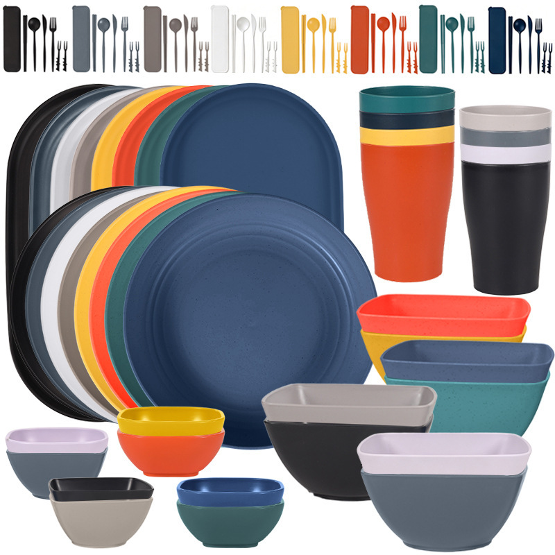 Cross-border wheat straw bowls, plates, cups, cutlery, spoons, chopsticks, fruit forks, oval dinner plates, square bowls, dipping sauce dishes, tableware set Cross-border wheat straw bowls, plates, cups, cutlery, spoons, chopsticks, fruit forks, oval dinner plates, square bowls, dipping sauce dishes, tableware set