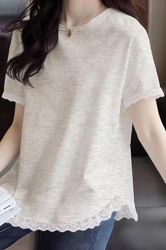 Gray Lace Splicing Round Neck Elegant Curved Hem Gentle Style Short-Sleeve Summer Versatile T-Shirt Top for Women