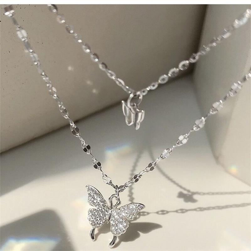 Collana a farfalla con zirconi micro incastonati a doppio strato coreano da donna, con diamanti scintillanti, delicata collana fredda_voghion.com