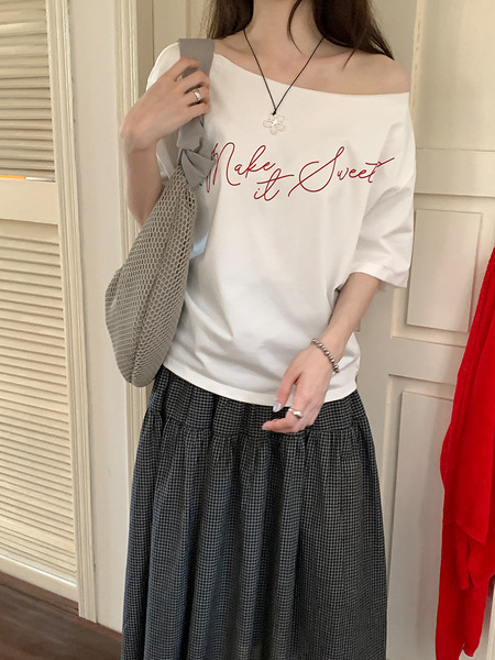 Lazy Style Off-Shoulder Short-Sleeved Women's T-Shirt Summer 2026 New Korean Style Loose Slimming Versatile Casual White Top