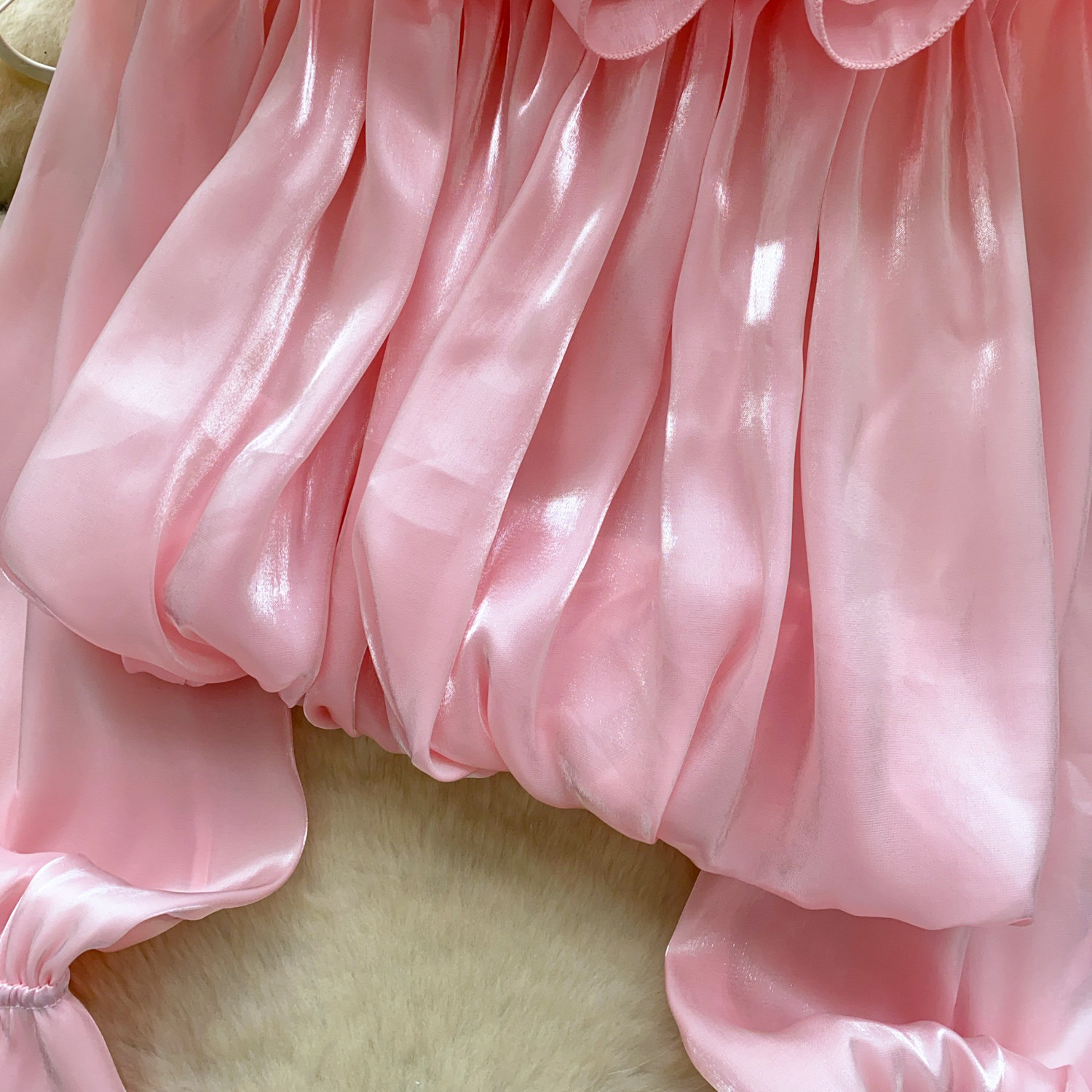 Sweet Off-Shoulder Chiffon Blouse Ruffled Trim Korean Style Long Sleeves Loose Fit Slimming Pink Elegant Top for Summer Women's Clothing_ecoleips.com