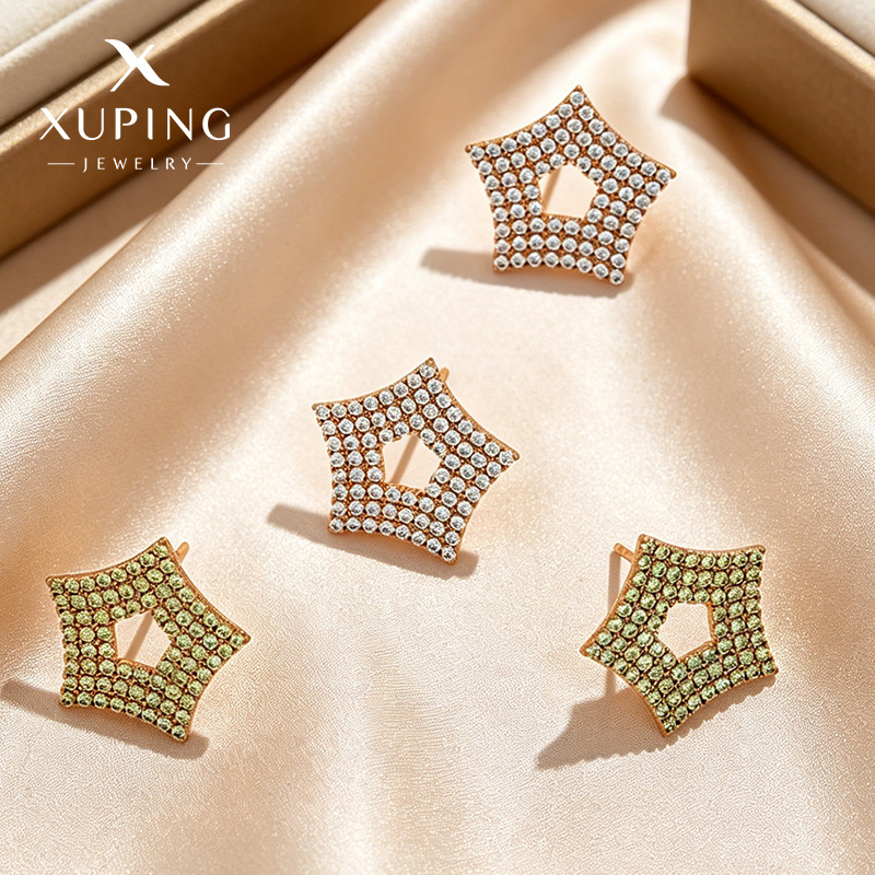 Pendientes Xuping con rombos geométricos multicolor e incrustaciones de diamantes, pendientes de diseño de lujo discreto, joyería personalizada con diamantes brillantes al por mayor.