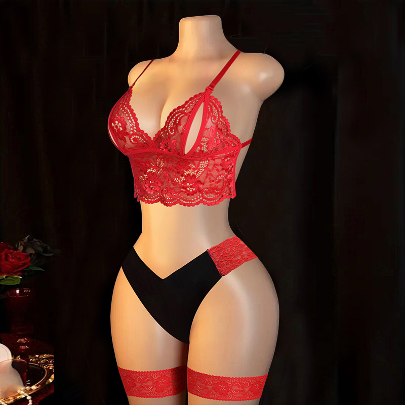 홀 브라 + 컬러 블록 브리프 + 레이스 레그 링