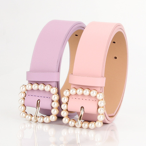 Ladies pearl belt pu waist belt square buckle point pearl sweet strap elegant dress decorative belt