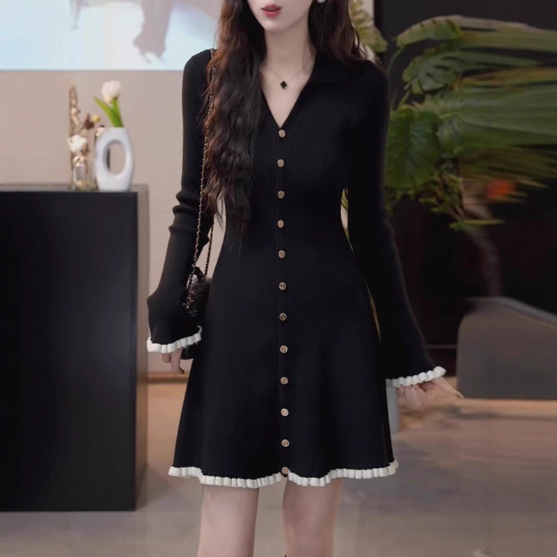 French Black Knitted Dress for Women Autum 2025 New Large Size Fat mm Small Fragrance with Coat Winter Skirt