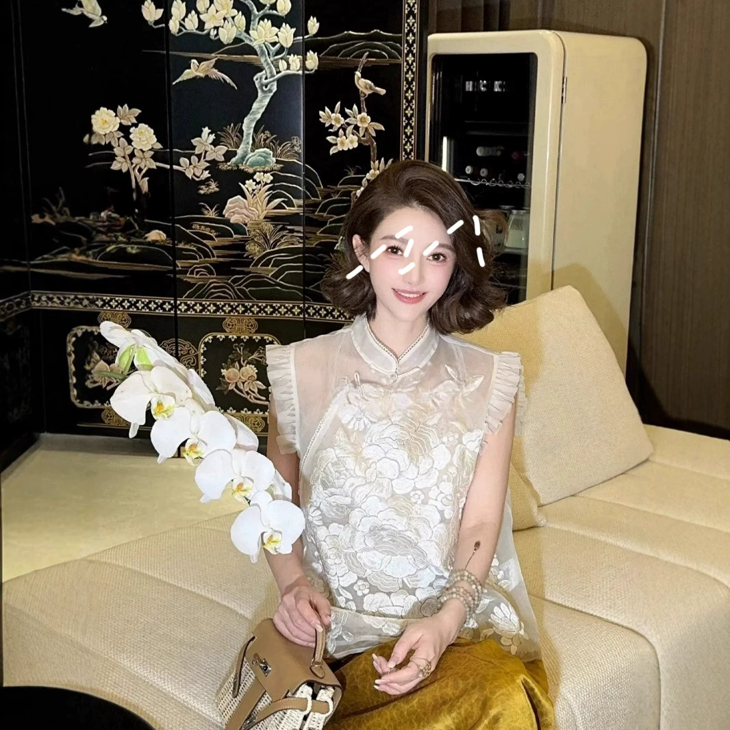 Новый китайский стиль оптом высококачественная вышитая блузка из шелка тутового дерева с маленькими рукавами-крылышками и тяжелой вышивкой