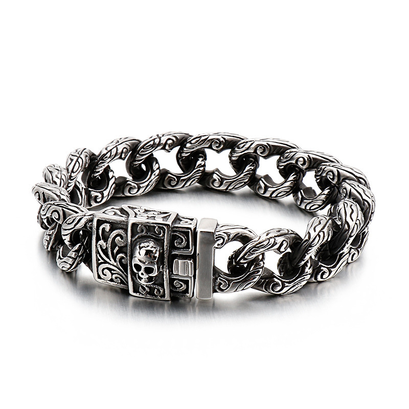 304 Stainless Steel Cast Vintage-Style Ring Buckle with Engraved Pattern Totem Skull Men's Retro Titanium Steel Bracelet 304 Stainless Steel Cast Vintage-Style Ring Buckle with Engraved Pattern Totem Skull Men's Retro Titanium Steel Bracelet