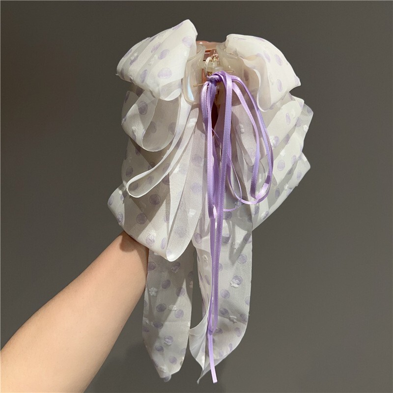 フレンチポルカドットレトロコントラストリボンリボンパールペンダント後頭部シャーククリップヘアピン女性用|undefined
