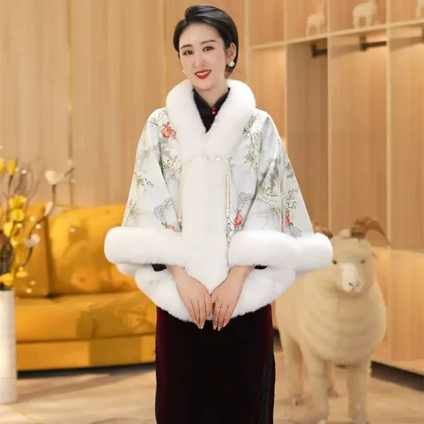 New Style Cheongsam, Gentle Chinese Style, Fleece-Lined and Thickened Cape, Chinese Shawl, Autumn and Winter Versatile Plush Coat, Cold-Proof