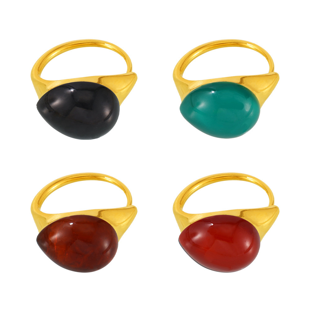 Square Sugar Retro Niche Multi-color Water Droplet Resin Adjustable Ring With Stainless Steel Opening_voghion.com