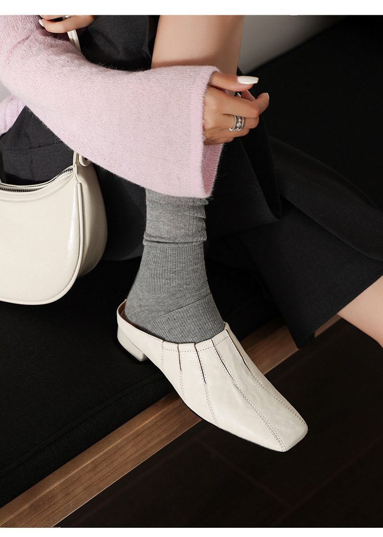 Sandal hở mũi nữ gót thấp 2,5 cm da cừu mũi trùm — màu nâu chi tiết 2