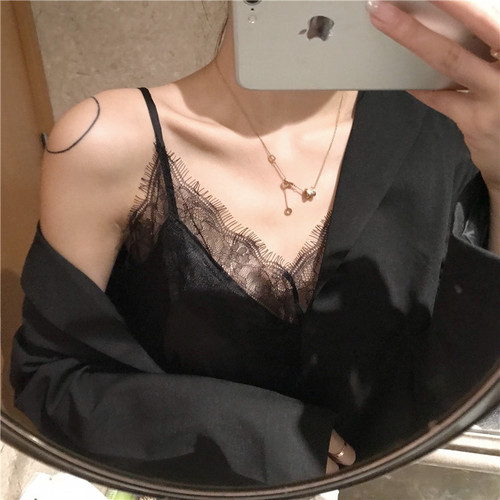 New style loose-fitting inner layer sling vest, solid color lace patchwork base layer sexy V-neck underwear, factory direct supply