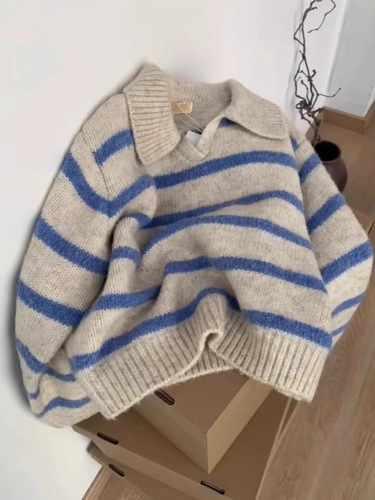 Oversized Blue Striped Polo Collar Long Sleeve Soft Knit Top Sweater for Women, Crew Neck, Fall/Winter New Casual Top