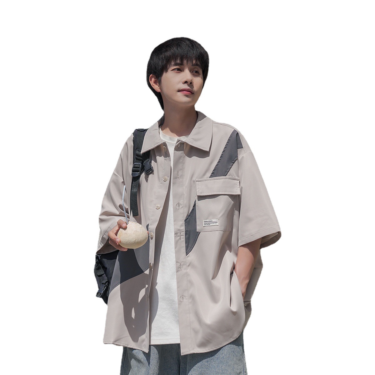 Diseño de costura camisa de manga corta de los hombres de verano japonés Cityboy suelta casual solapa ropa de trabajo camisa chaqueta