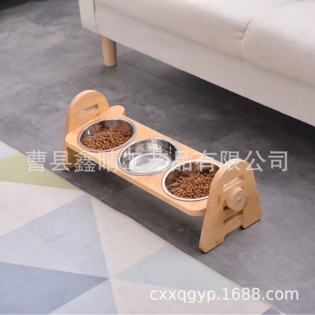 Inicio Marco de cuenco de gato de bambú y madera Creativo de varios cuencos de madera maciza Estante de alimentación para mascotas Alimentador de comida para perros de madera al por mayor