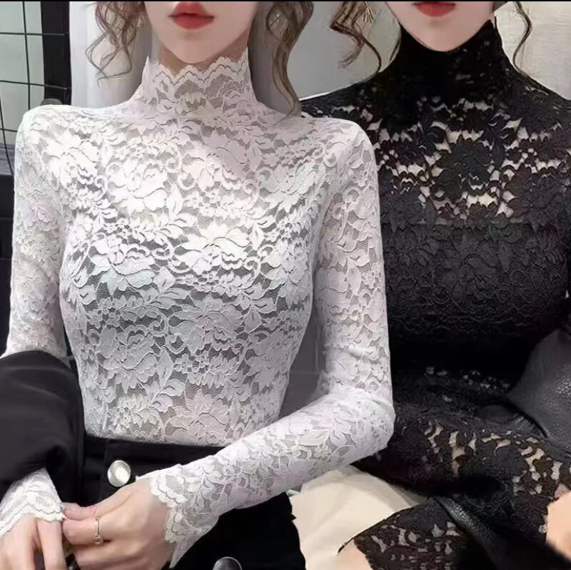 Half-high Collar Full Lace Base Shirt 2024 Early Autumn New T-shirt Mesh Sexy Hollow Inner Top Small Shirt