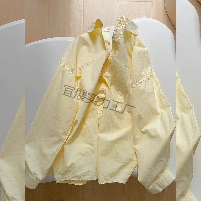 奶黄色长袖衬衫女春秋小个子外搭宽松慵懒风叠穿衬衣外套休闲上衣