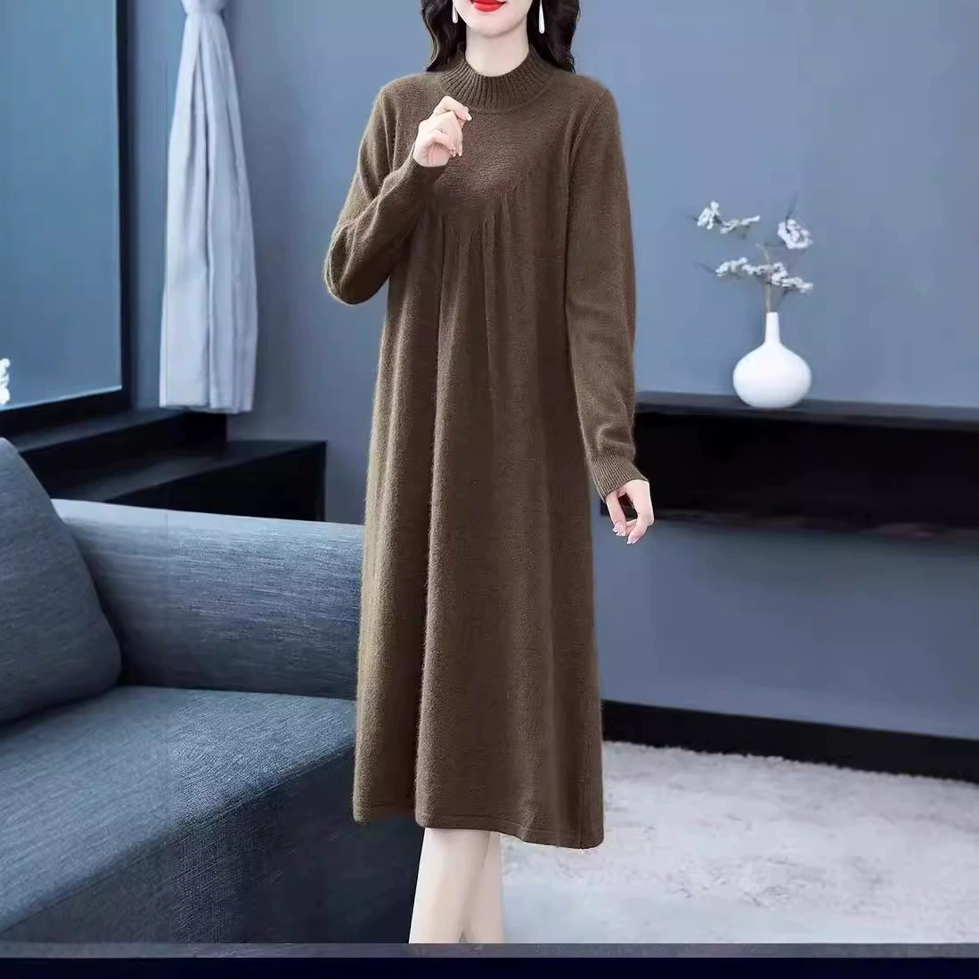 Трикотажное платье осенне-зимнее новое длинное платье до колен, шерстяное платье свободная юбка на молнии