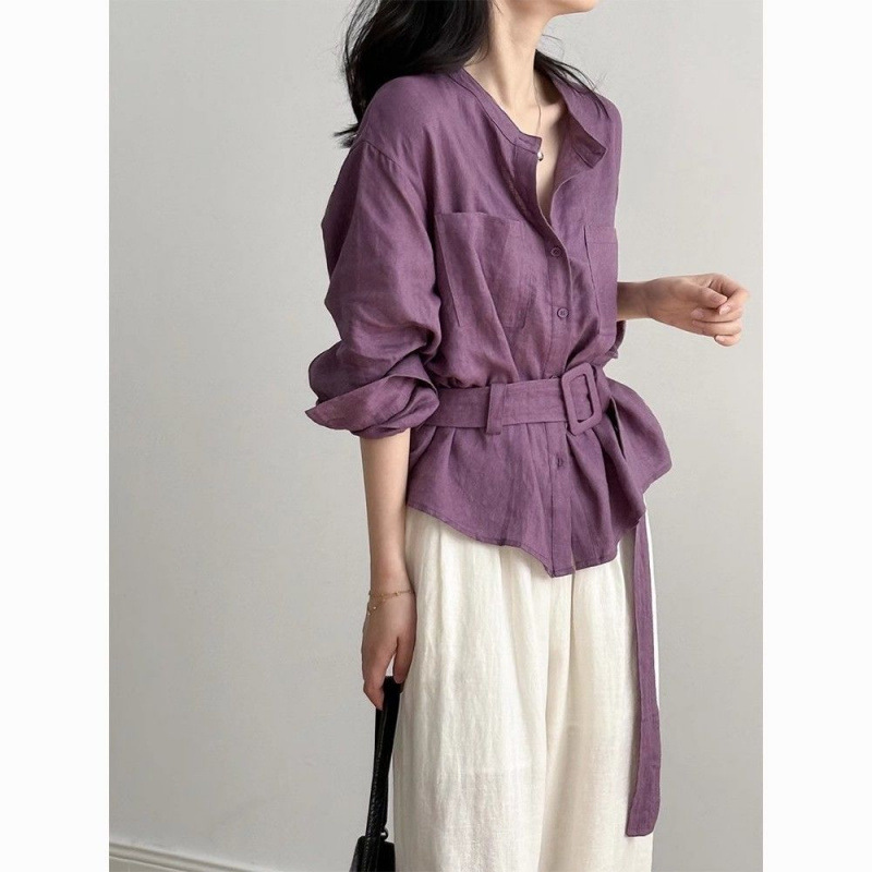 Elegant and Fashionable Long-Sleeved Design Shirt Slimming 2025 Linen Shirt New Lace-Up Waist Top