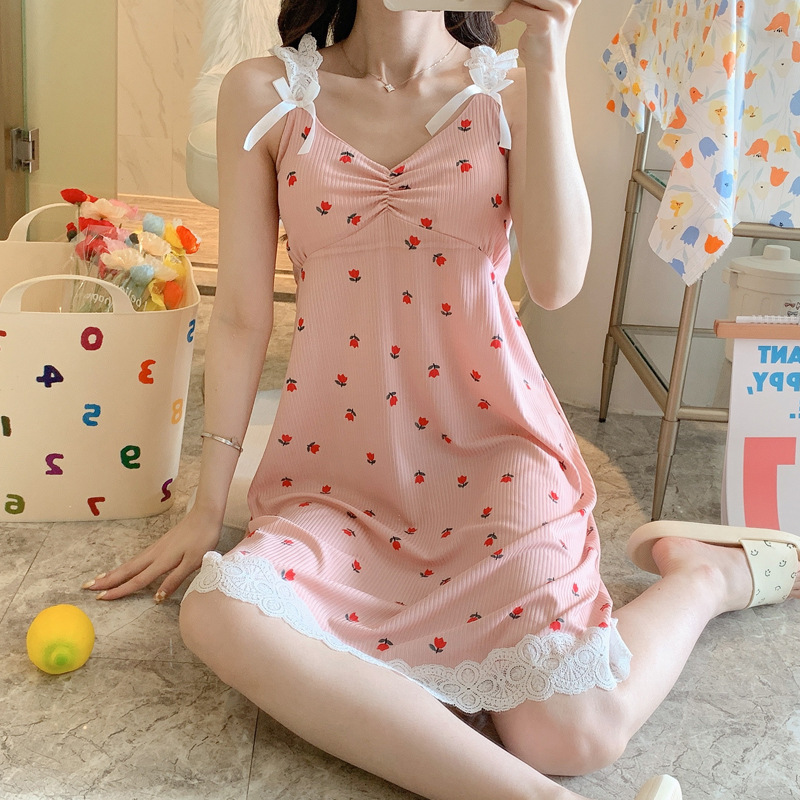 Ropa para el hogar de las mujeres con almohadilla para el pecho nueva correa pijamas camisón de las mujeres de media longitud de encaje de verano dulce princesa estilo