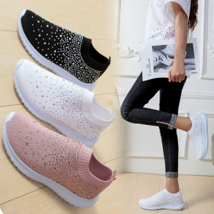 Cross-Border Export Large Size 2023 Spring New Fashion Casual Rhinestone Fly Woven Women's Sports Style Casual Shoes