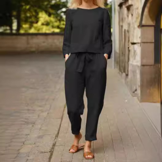 亜麻のスーツの婦人服のファッション的な純色のカジュアルな2つのセットの2022外国貿易の春と夏のシンプルなレトロなウエストのひも|undefined
